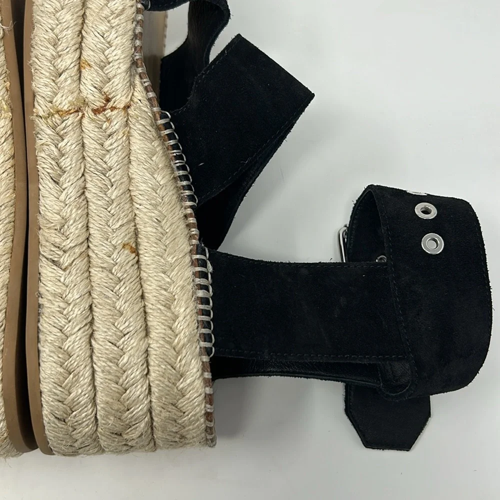 Rag & Bone Black Suede Leather Square Toe Espadrille Platform Buckle Sandals